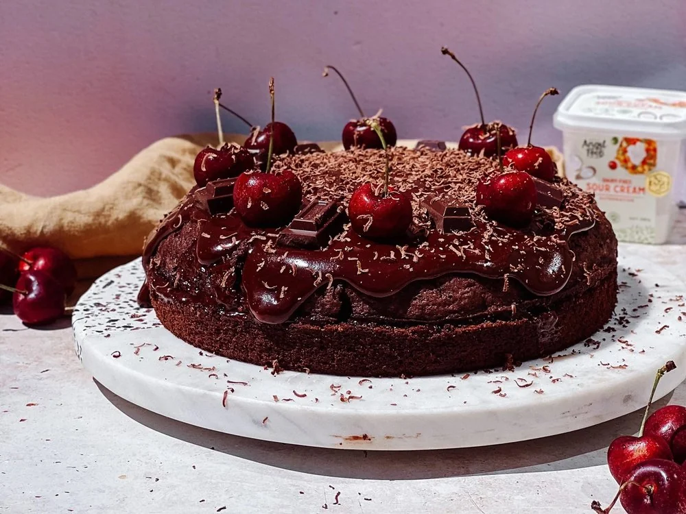 Chocolate cherry cake made with Angel Food sour cream